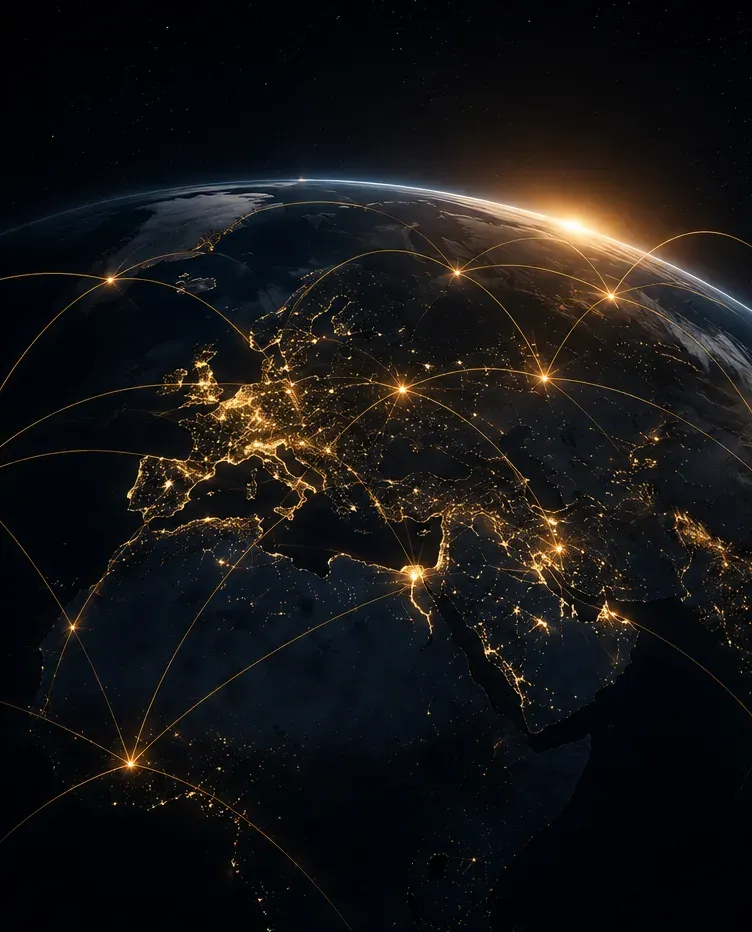 Night view of Earth over Europe and Africa, overlaid with illuminated global trade routes