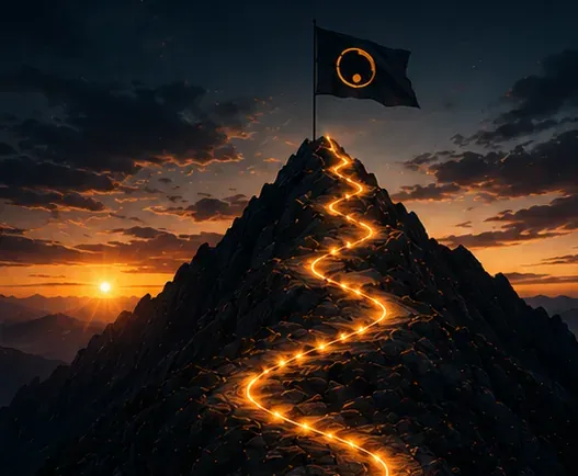 A glowing path winding up a mountain to a summit flag at sunrise